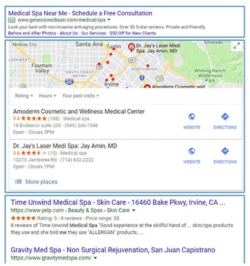 Graphic of Google Maps SERP of pinned businesses on Google Maps.