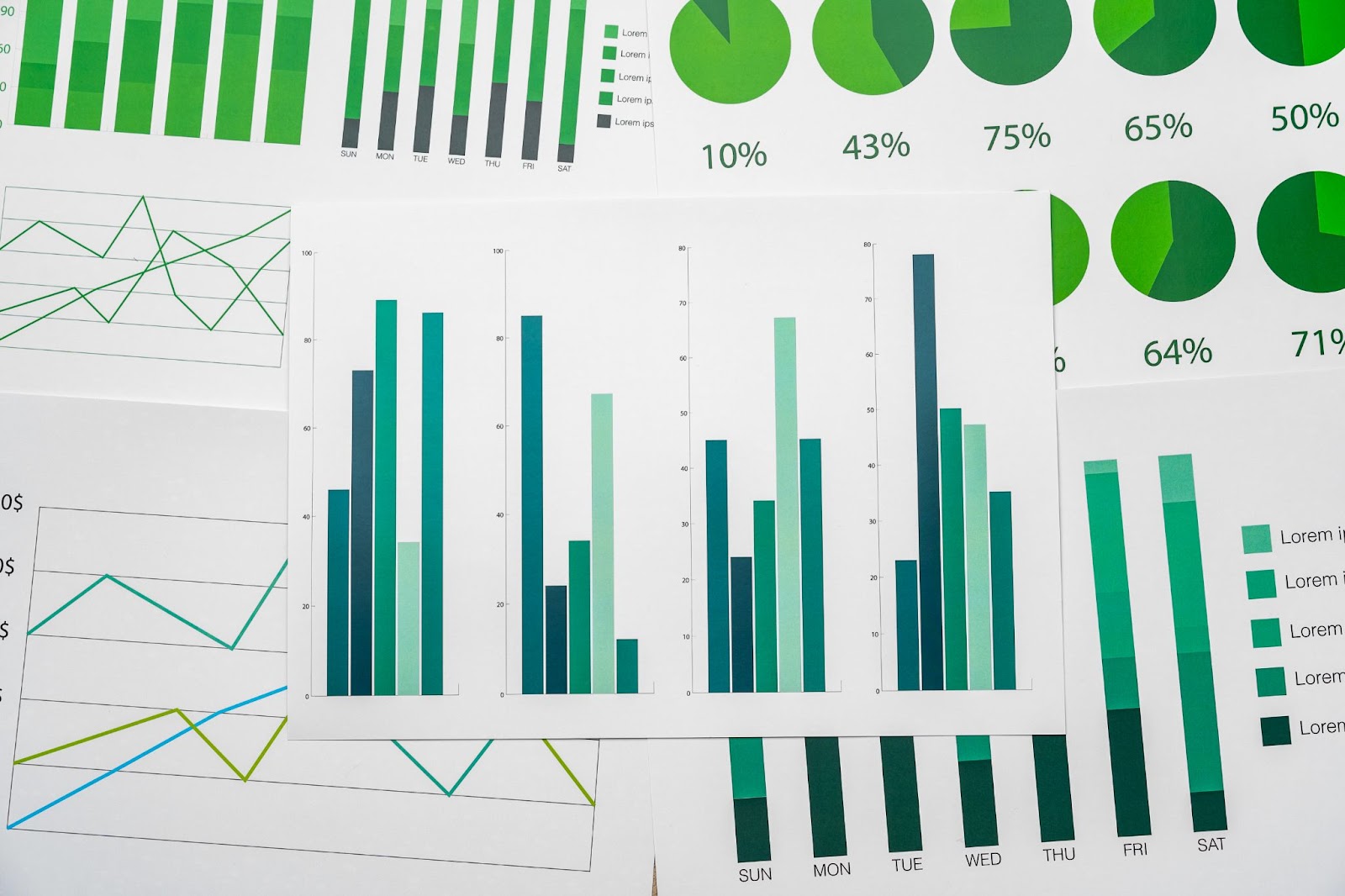 Various charts and graphs overlap one another.