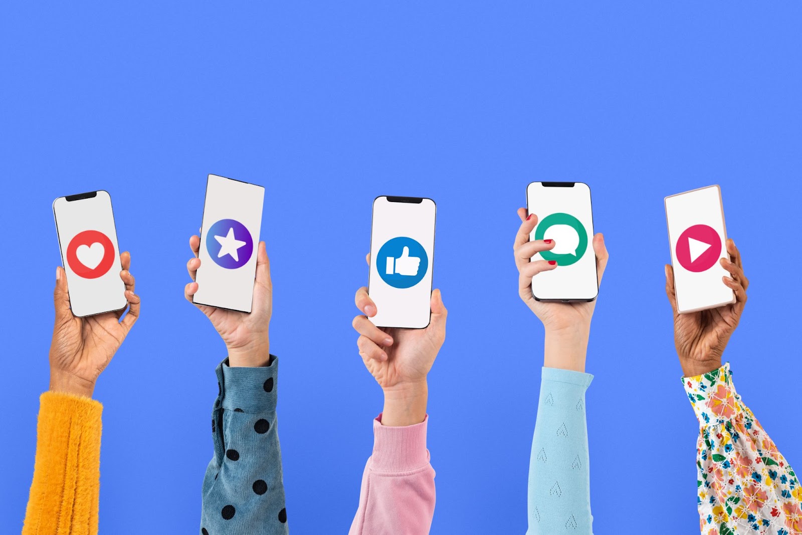 Hands holding up cell phones with various social media icons.