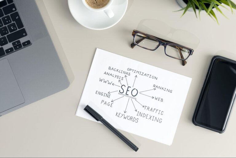 A white pad with ‘SEO’ on a desk with glasses and a phone.