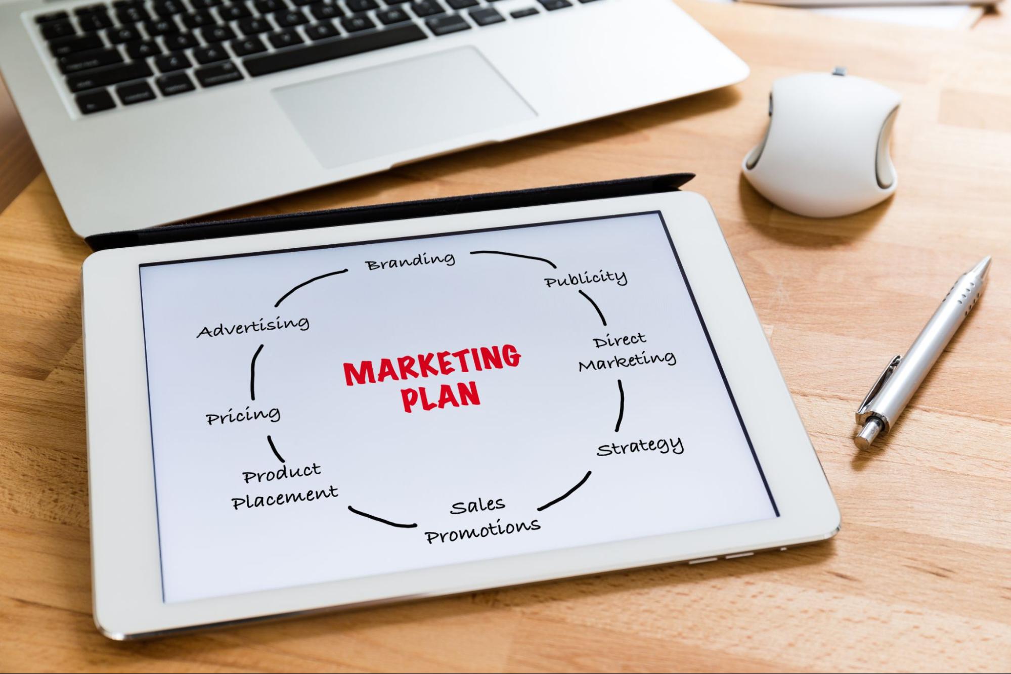 Tablet with the word “marketing plan” with other terms in a circle around the words next to a laptop, mouse, and a pen on a wooden surface.